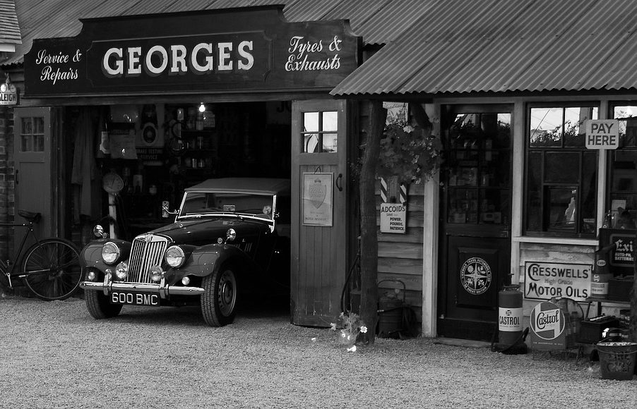 vintage car, garage, shop, sign, oldtimer, black and white, gray car, gray shopping, gray shop, gray vintage, gray garage, garage, garage, garage, garage, garage